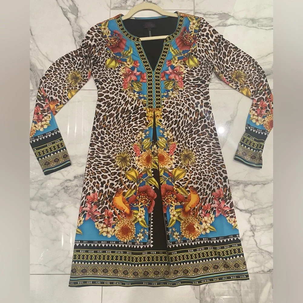 Hale Bob colorful A-line dress with chain link design neckline and cuffs 💃 - Picture 8 of 14